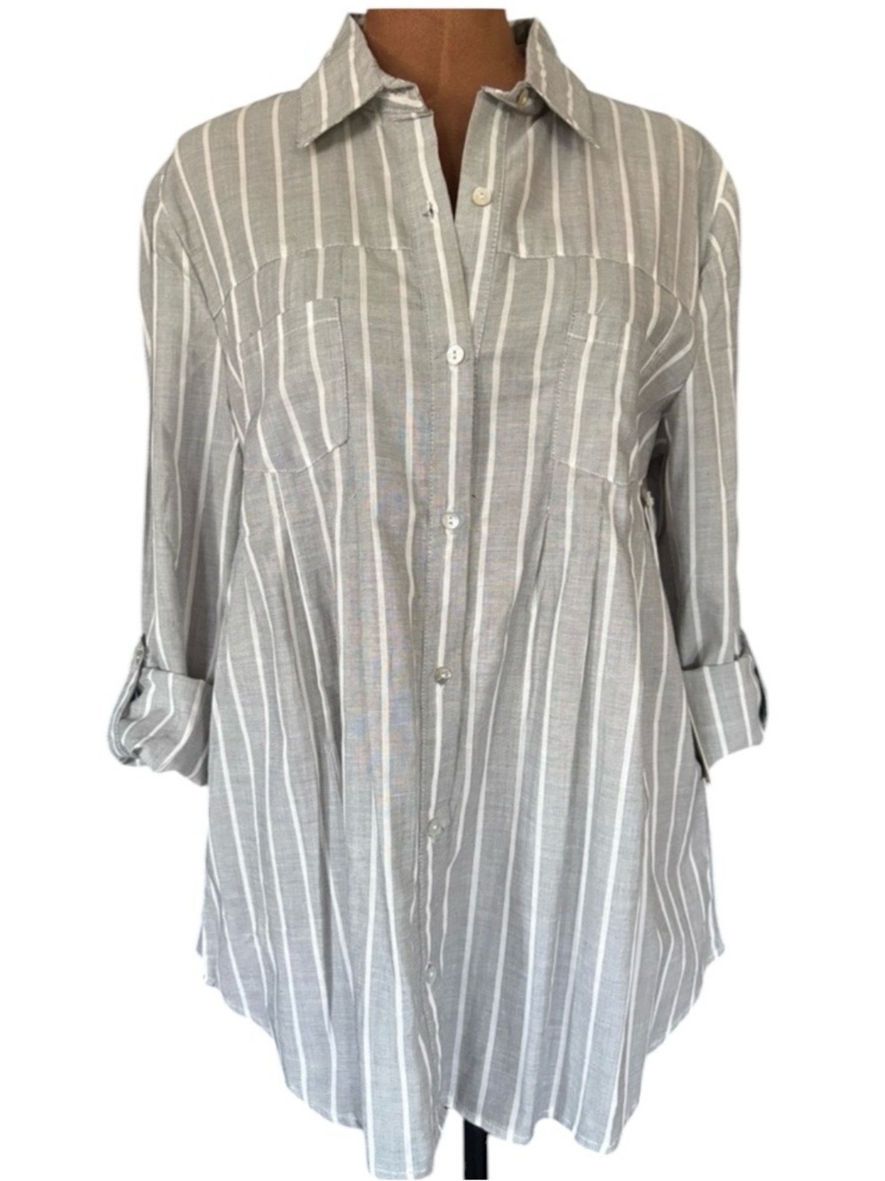 Striped Button-Down pleated detail Tunic Professional Blouse Gray and White - PM